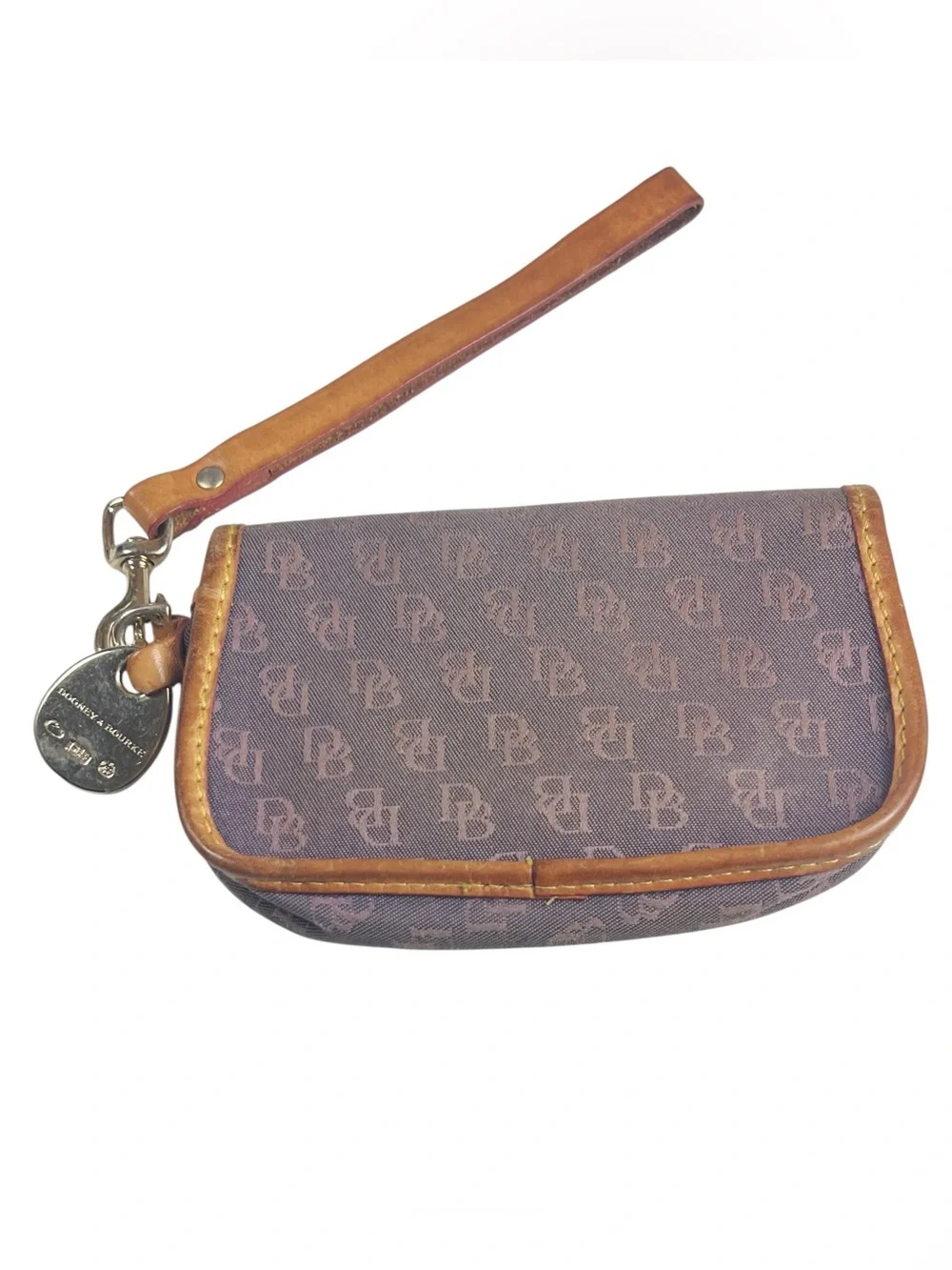 Dooney & Bourke Vintage Brown Fabric Monogram Wristlet with Tan Leather Trim